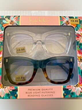 2 pack Nicole Miller PREMIUM BLUE LIGHT FILTER READING GLASSES READERS +2.00 NEW